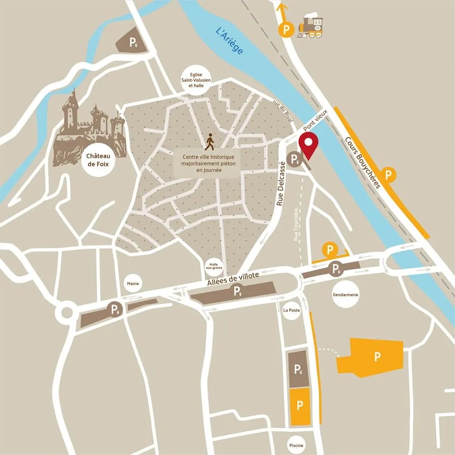 Plan du centre historique de Foix et des parkings près de l'Hôtel Lons
